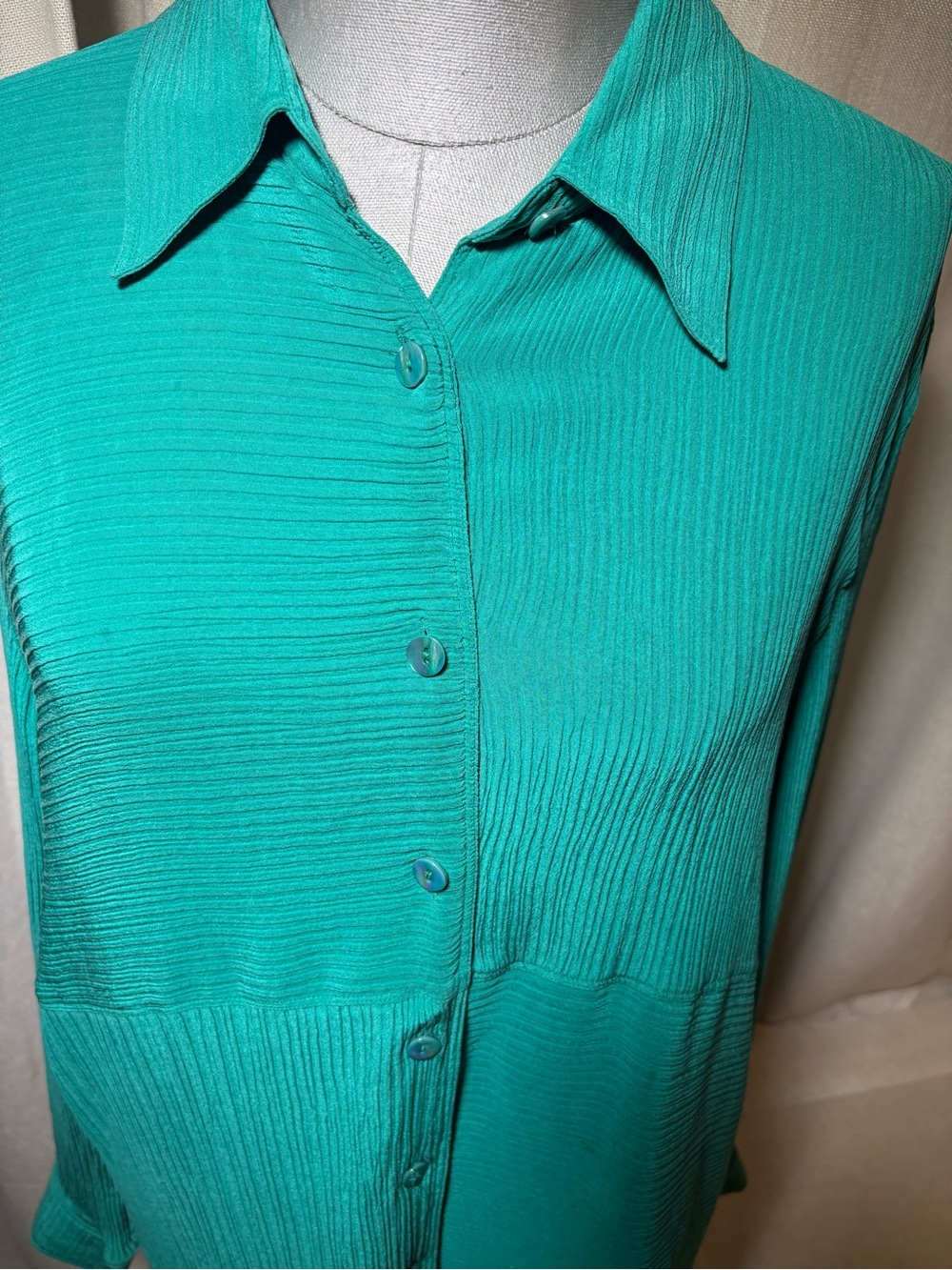Vintage Diane Gilman Collection Teal 100% Silk Pleated Collared Blouse Size LG - Picture 3 of 11